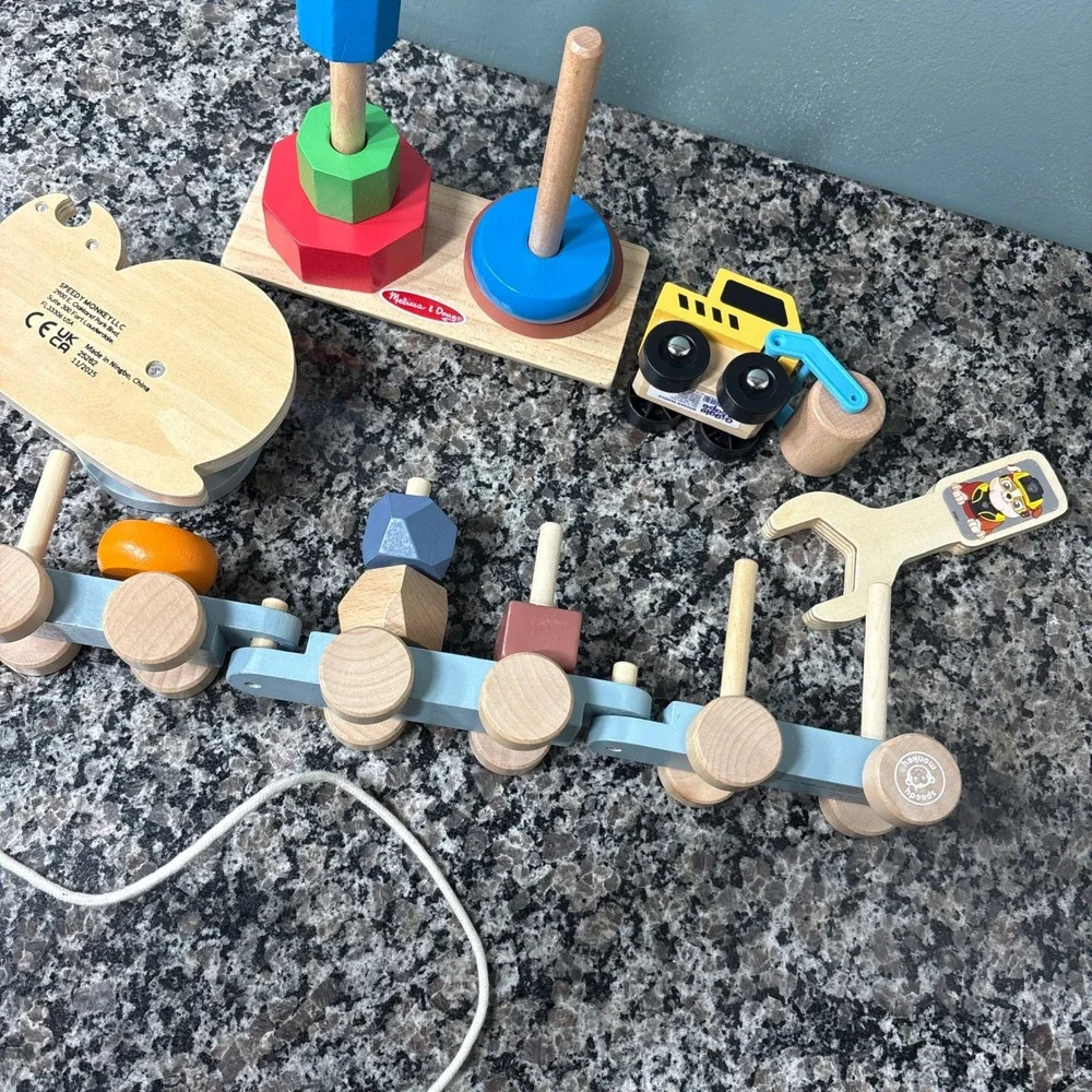 Melissa & Doug Speedy Monkey Wooden Toy Bundle Train Stacker Steamroller Snail